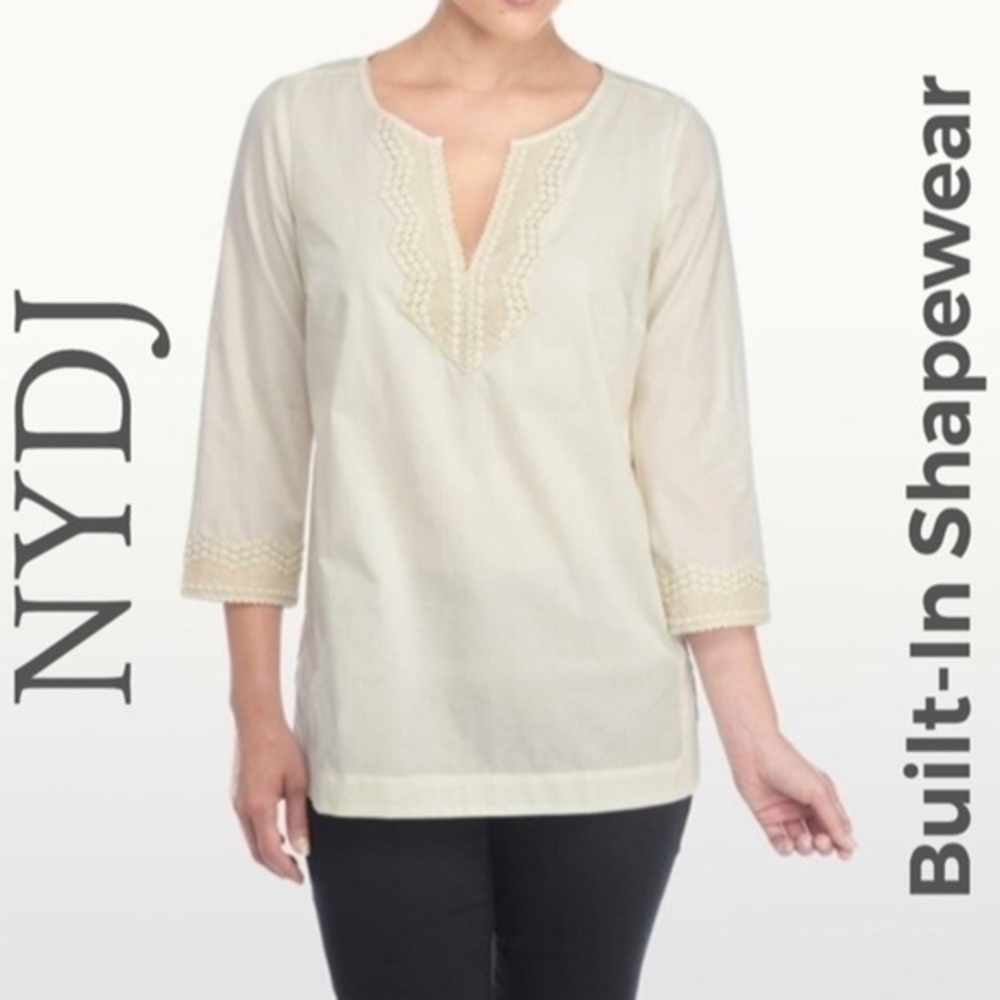 NEW NYDJ Cream Fit Solutuon Embroidered Tunic Top Blouse